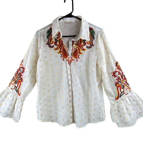 Soft Surroundings Tops - Soft Surroundings Womens Boho Floral Embroidered Shirt Size S Bell Sleeves